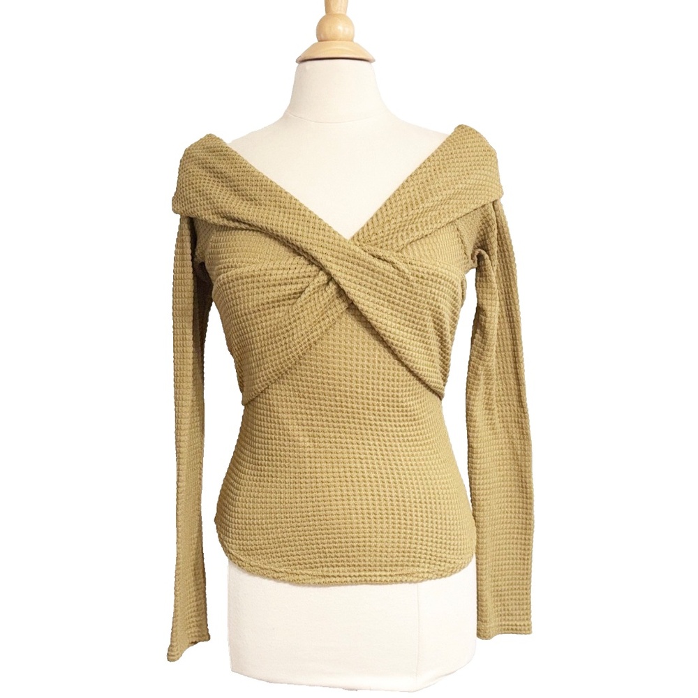 Free People Olive Green Waffle Knit Wrap Off-the-Shoulder Top Shirt Small